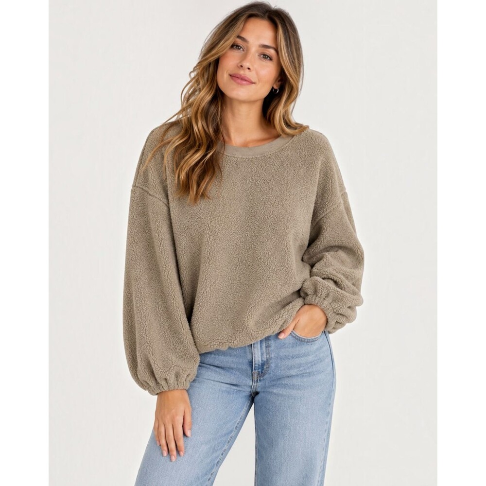 LOFT Pullover Sweatshirt Womens XL Taupe Beige Textured Fleece Balloon Sleeve